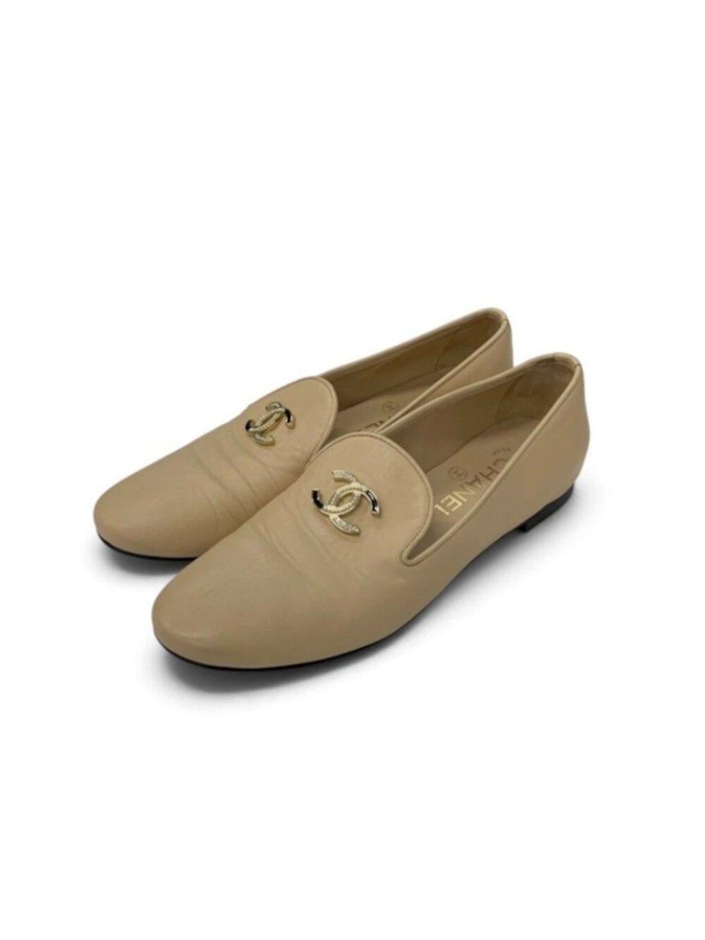Chanel Loafers Leather Shoes Beige Gold Opera Flat CC Logo Rhinestone Pearl